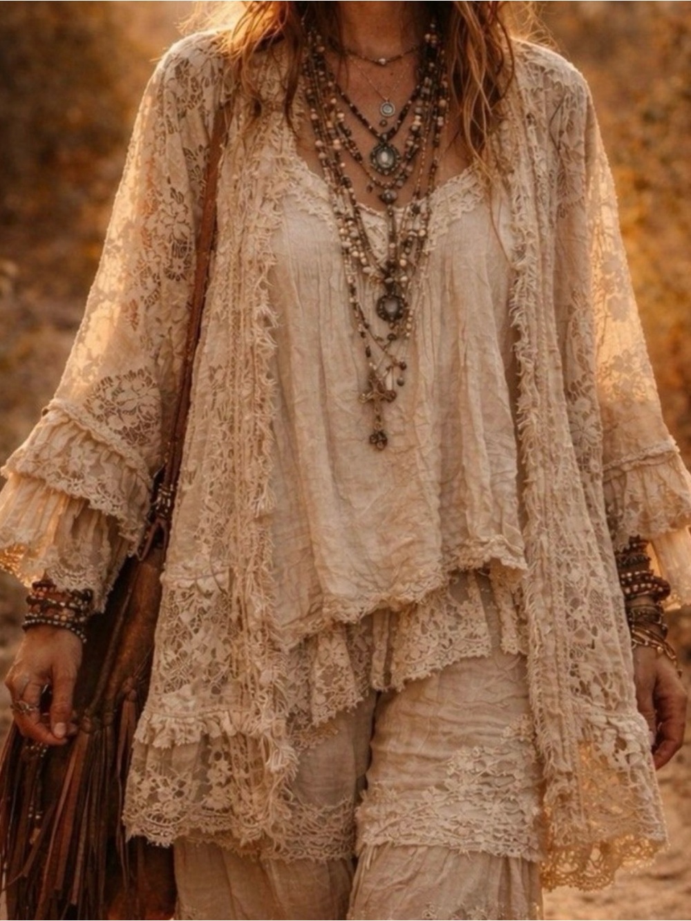 Jaded Gypsy Gorgeous “Enchanted Meadow” Bohemian Lace Layered Cream Kimono